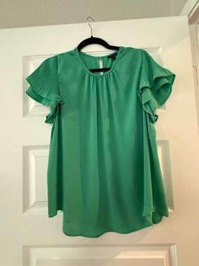 Ann Taylor Teal Green Ruffle Sleeve Blouse, Size L